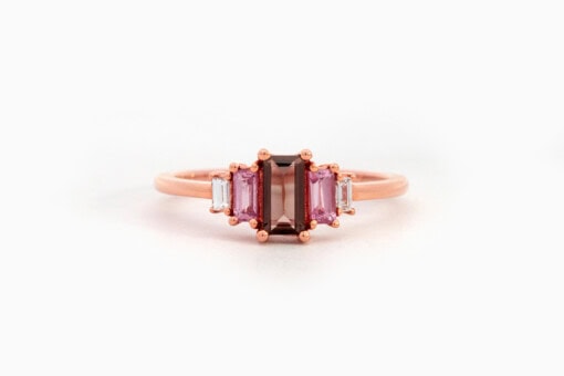 Ring in roze goud 18 kt met diamant, saffier en rookkwarts (maat 53) - Afbeelding 2