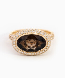 Ring in geel goud 18 kt met diamant en rookkwarts