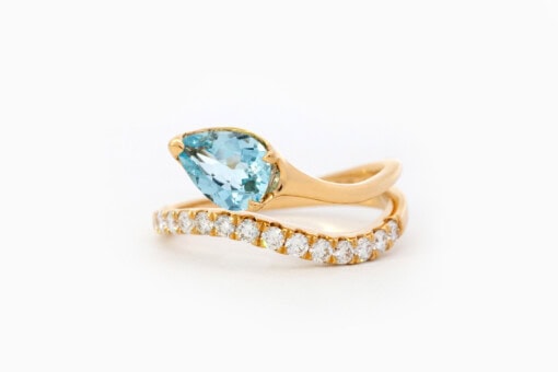 Ring in geel goud 18 kt met diamant en aquamarijn - Afbeelding 2