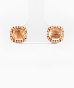 Oorringen in roze goud 18 kt met diamant en rozenkwarts