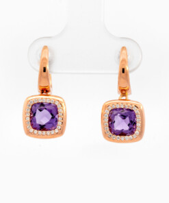 Oorringen in roze goud 18 kt met diamant en amethist