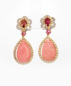 Oorringen in roze goud 18 kt met diamant, rhodoniet en toermalijn
