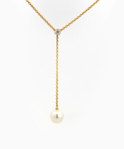 Halsketting in geel goud 18 kt met diamant en parel