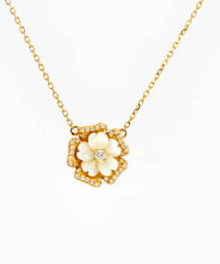Halsketting in geel goud 18 kt met diamant en parelmoer